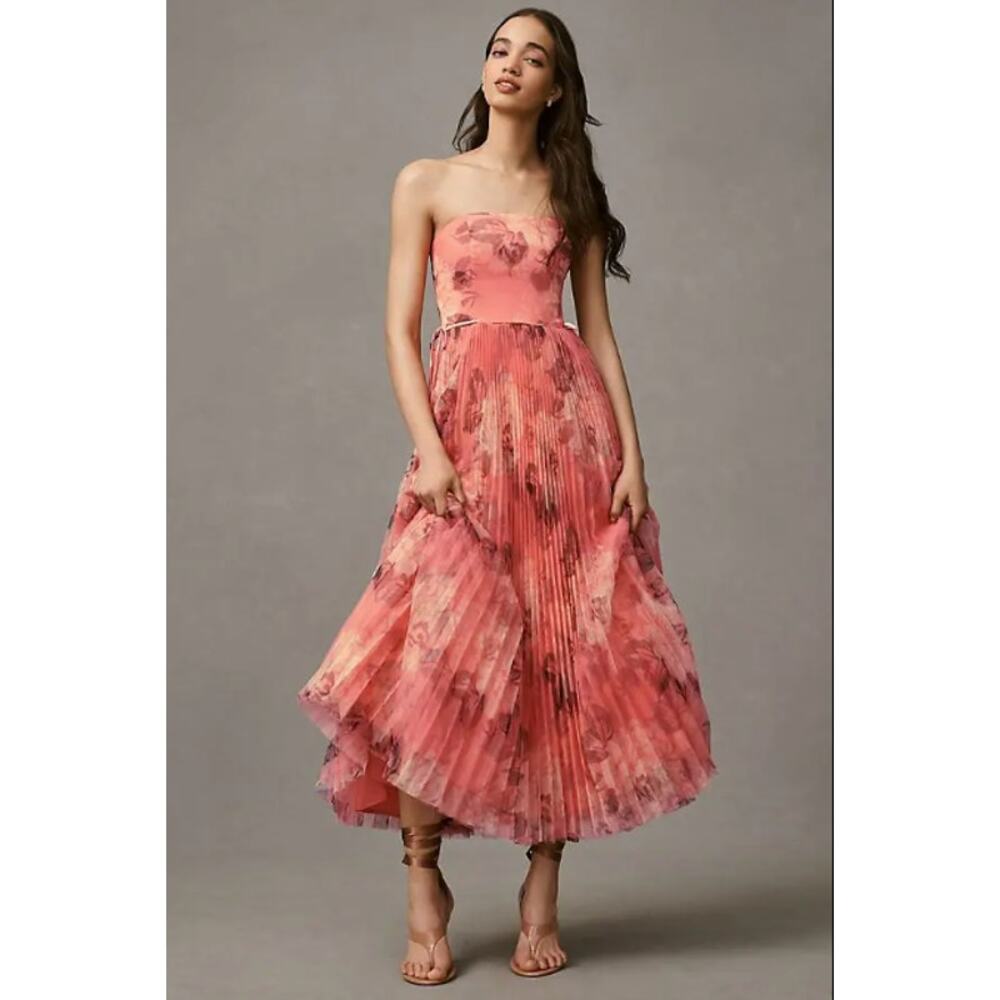 Hutch Costella Strapless Pleated Floral Tulle Midi Dress US 12